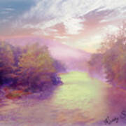 Early Morning Mist Off A River Running Through Autumn Forest. Poster