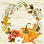 Fall Autumn Harvest Wreath On Birch Bark Watercolor Poster
