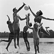 Family Playing Beach Volleyball, C.1960s Poster