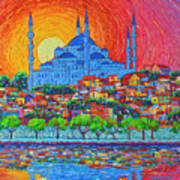 Fiery Sunset Over Blue Mosque Hagia Sophia In Istanbul Turkey Poster