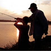 Fishing At Sunset Grandfather And Grandson Poster
