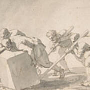 Five Men Pushing A Block Of Stone Poster