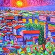 Florence Sunset Over Ponte Vecchio Abstract City Impressionism Knife Oil Painting Ana Maria Edulescu Poster
