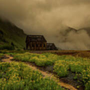 Fog Rolls Over The Frisco Mill With Summer Wildflowers Poster