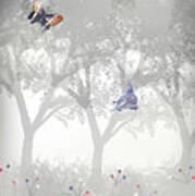 Foggy Forest With Giant Butterflies Poster