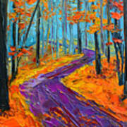 Autumn Forest And Purple Path - Orange Red Foliage - Modern Impressionist Knife Palette Poster