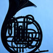 French Horn Silhouette On Blue Poster