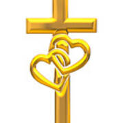 Golden 3d Look Cross With 2 Hearts Poster