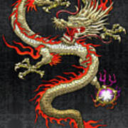 Golden Chinese Dragon Fucanglong On Black Silk Poster
