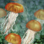 Golden Jellyfish In Green Sea Poster