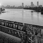 Golden Sunrise Over Boston From The Bu Bridge Graffiti Train Tracks Boston Ma Black And White Poster