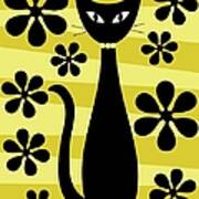 Groovy Flowers With Cat Yellow And Light Yellow Poster