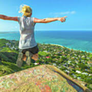 Hiker Jumping In Hawaii Poster