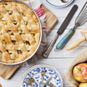 Homemade Apple Pie And Ingredients On A Rustic Table Poster