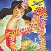 Hula Girl With Exotic Flower Wreath, Airline Vintage Poster Poster