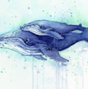 Humpback Whale Mom And Baby Watercolor Poster