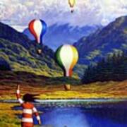 Irish Landscape With Girl And Balloons By Lake Poster