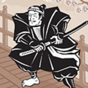 Japanese Samurai Warrior Sword On Bridge Poster