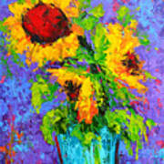 Joyful Trio - Sunflowers Still Life - Modern Impressionistic Art - Palette Knife Poster