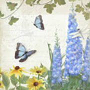 Le Petit Jardin 1 - Garden Floral W Butterflies, Dragonflies, Daisies And Delphinium Poster