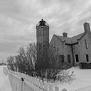 Lighthouse And Mackinac Bridge Winter Black And White Poster