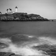 Maine Nubble Lighthouse And Rocky Shores In Bw Poster