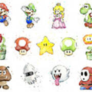 Mario Characters In Watercolor Poster