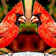 Mirrored Bird Series Male Northern Cardinals Expressionist Effect Poster