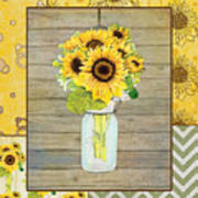 Modern Rustic Country Sunflowers In Mason Jar Poster