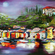 Moon Over Portofino Italy Oil Painting Poster