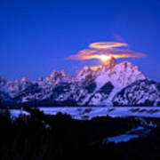 Moon Sets Over The Tetons Poster