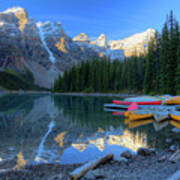 Moraine Lake Sunrise Blue Skies Canoes Poster