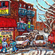 Mr Hot Dog Restaurant Montreal Memories Hockey Game Winter Street Scene Canadian Art Carole Spandau Poster