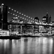 Night Skyline Manhattan Brooklyn Bridge - Monochrome Poster