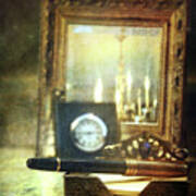 Nostalgic Still Life Of Writing Pen With Clock In Background Poster
