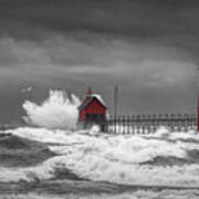 November Storm  With Flying Gull By The Grand Haven Lighthouse Poster