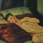 Oil Painting  Male Nude Sleeping On Bed On Linenr#16-7-16 Poster