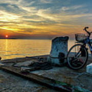 Old Bicycle On Jetty At Sunset Poster