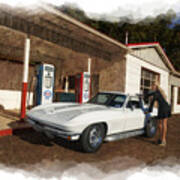 Old Time Service Station With 1967 Corvette Model Ally Darst Poster