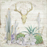Old West Cactus Garden W Deer Skull N Succulents Over Wood Poster
