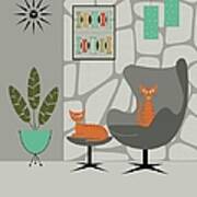 Orange Cat In Gray Stone Wall Poster