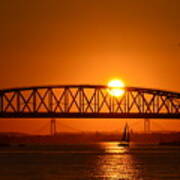 Orange Sunset Brooklyn Bridges Sailboat Poster