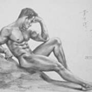 Original Charcoal Drawing Art Male Nude  On Paper #16-3-11-35 Poster
