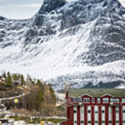 Ornes Snow Peaks Over Dock Norway Poster