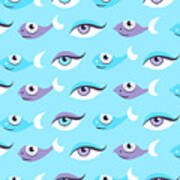 Pattern Of Blue Eyes And Fish In Sea Poster