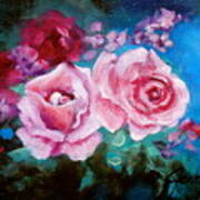 Pink Roses On Blue Poster