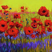Poppy Flower Field Oil Painting With Palette Knife Poster