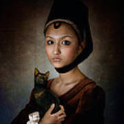 Portrait Of A Girl With Black Cat Poster