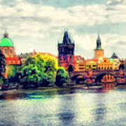 Prague Bridge Watercolor Poster