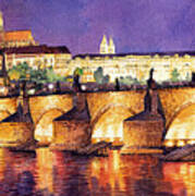 Prague Night Panorama Charles Bridge Poster